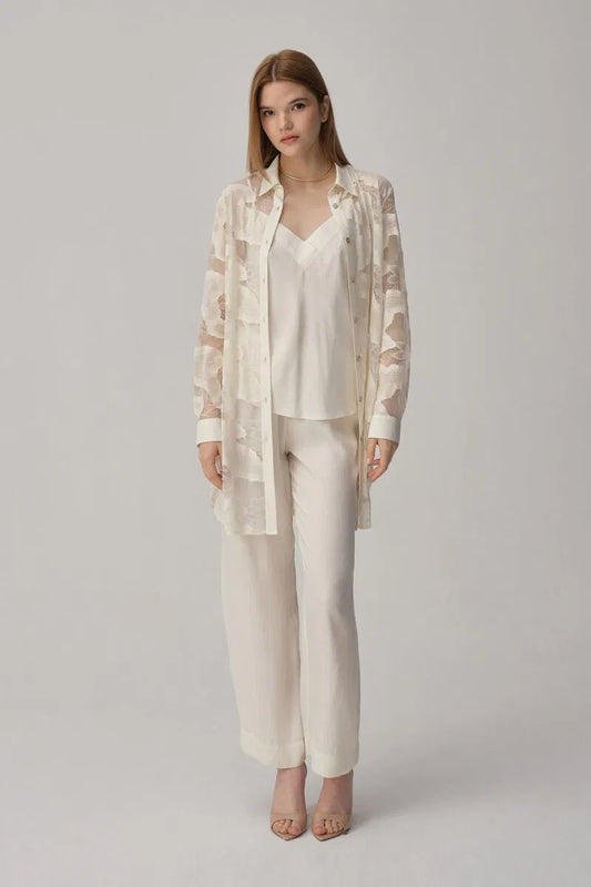 Pierre Cardin ANNA kadın gömlek yaka 3'lü pijama takımı transparan ip askılı ivory renk - lüks gecelik seti