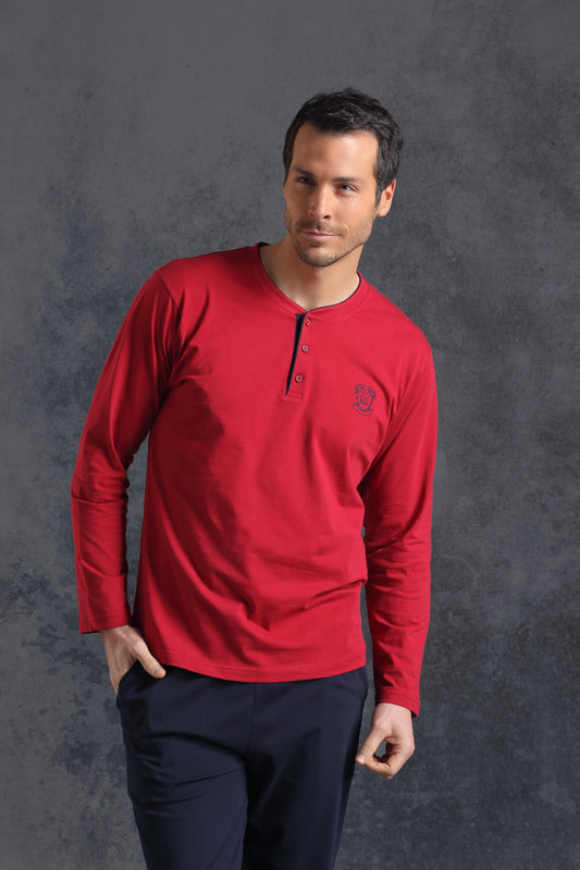 DS Damat erkek pijama takımı, klasik uzun kol ve yarım patlı model