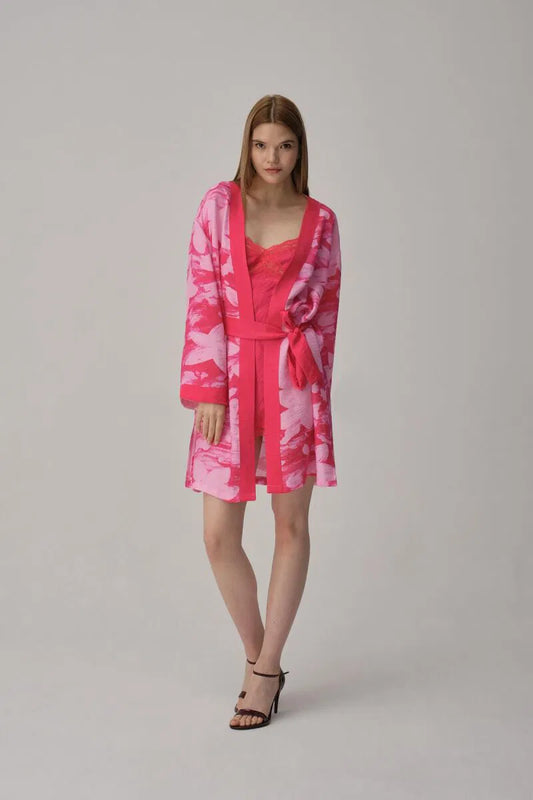 Pierre Cardin EMILY desenli ipek saten gecelik sabahlık takımı scarlet ön görünüm