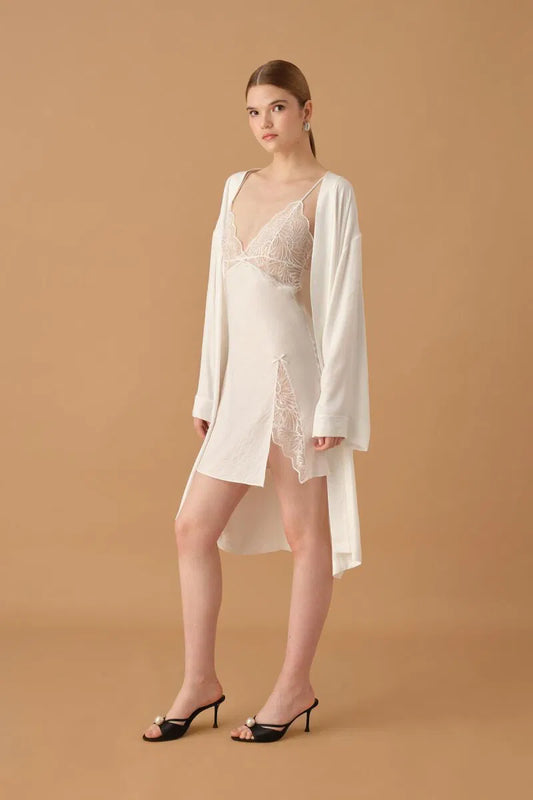 Pierre Cardin JANET ipek saten 6'lı set kısa büstiyerli dantelli ekru renk - lüks gelin çeyiz seti