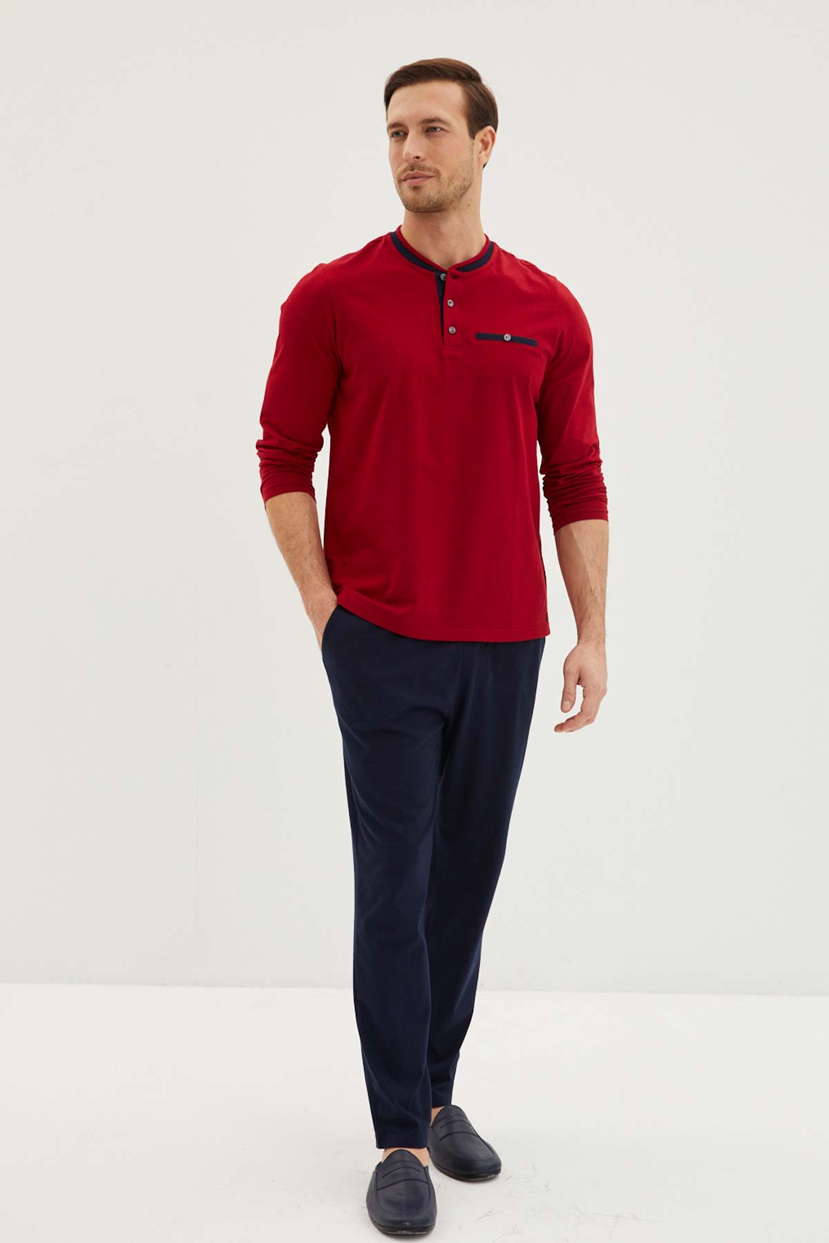 Kiğılı erkek patlı uzun kollu pijama takımı - klasik ve rahat ev giyim