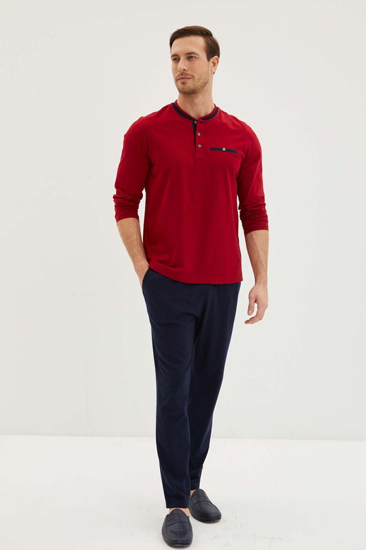 Kiğılı erkek patlı uzun kollu pijama takımı - klasik ve rahat ev giyim