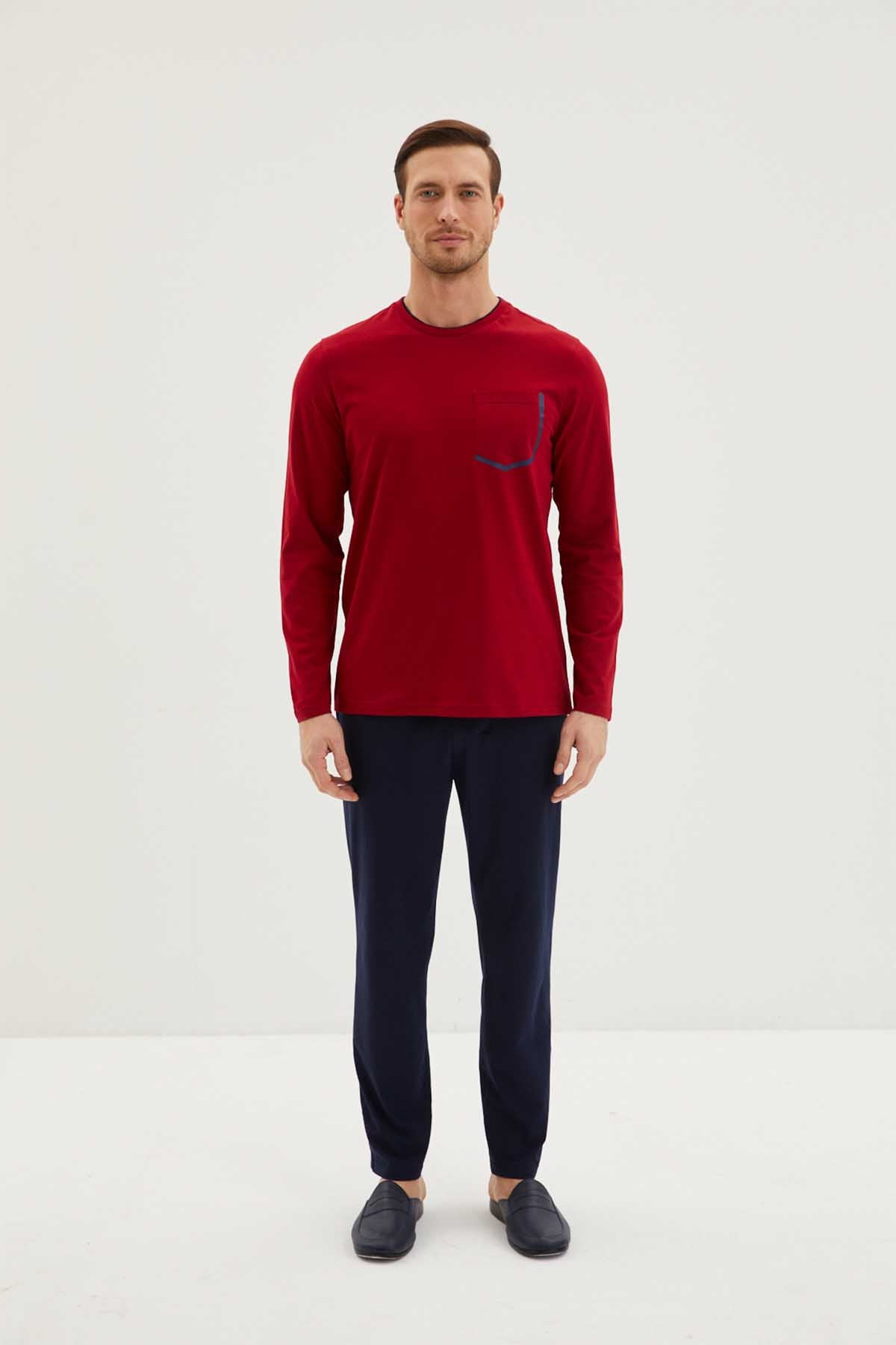 Kiğılı erkek kontrast bisiklet yaka uzun kollu pijama takımı - rahat ve şık ev giyim