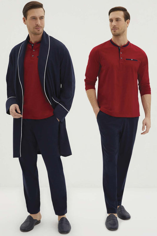 Kiğılı erkek pijama takımı 3 düğmeli 3'lü rob takım penye - lüks ev giyim seti