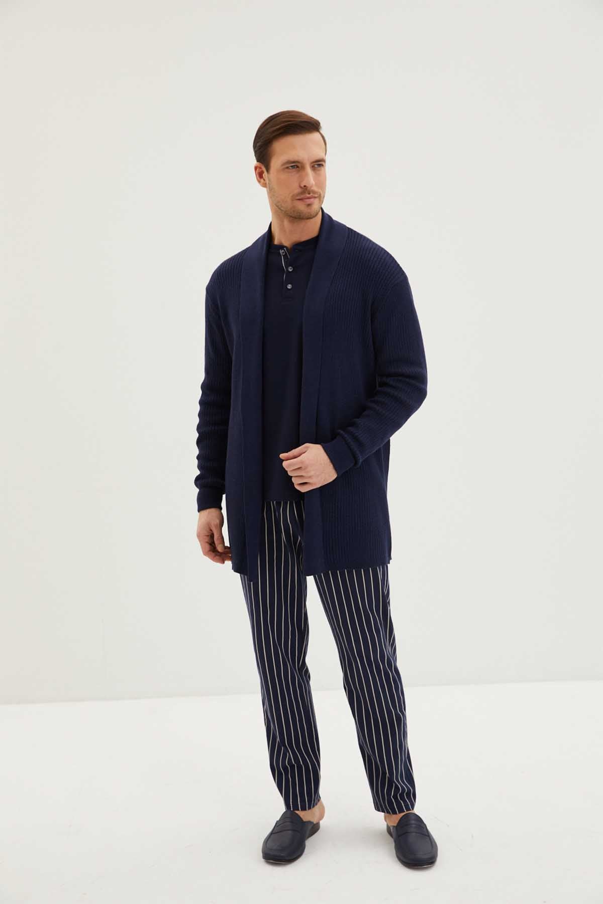 Kiğılı erkek pijama takımı 3 düğmeli çizgili 3'lü rob takım penye - şık ev giyim seti