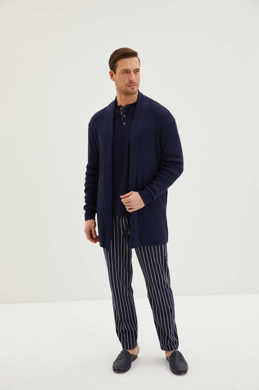 Kiğılı erkek pijama takımı 3 düğmeli çizgili 3'lü rob takım penye - şık ev giyim seti