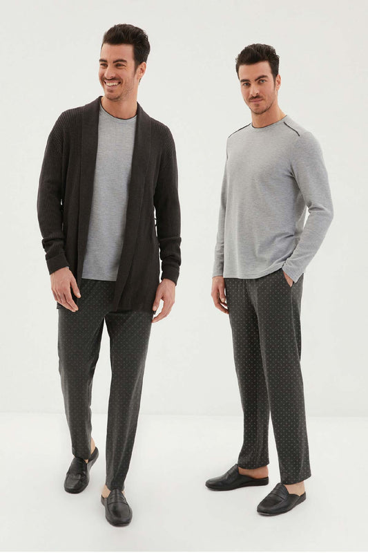 Kiğılı erkek roblu triko pijama takımı waffle desen - şık ve rahat ev giyim