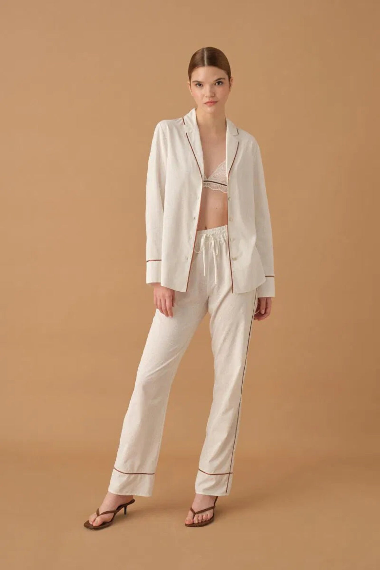 KYLIE - Braletli Biyeli Baskılı Kadın Pijama Takımı - Ivory