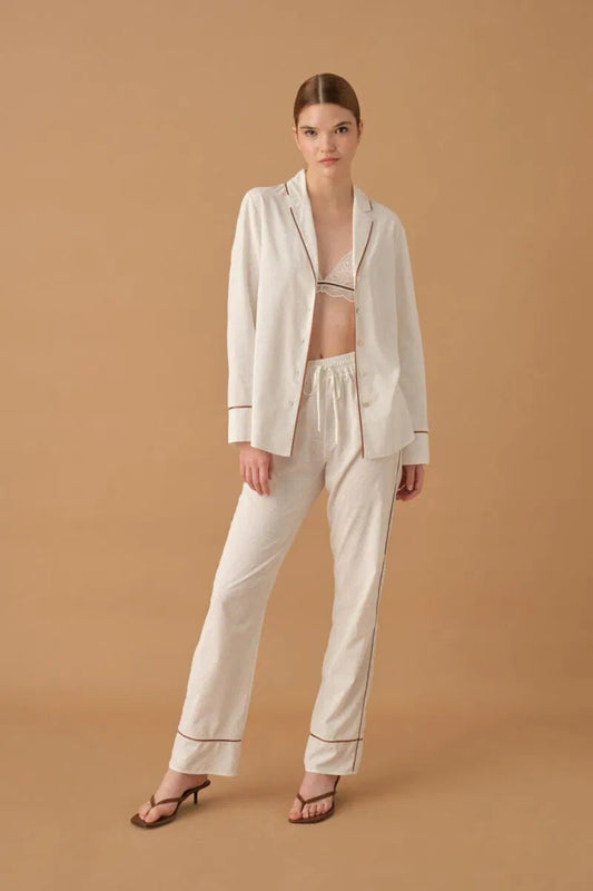 Pierre Cardin KYLIE kadın gömlek yaka 3'lü pijama takımı büstiyerli dantelli ivory renk - lüks gecelik seti