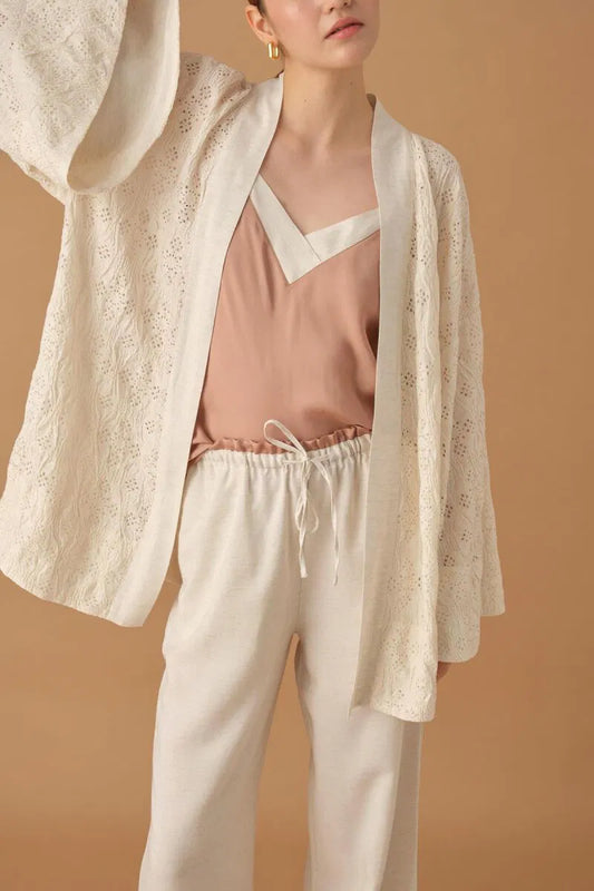 Pierre Cardin NICOLE kadın kimonolu 3'lü pijama takımı keten ip askılı neutral renk - lüks gecelik seti