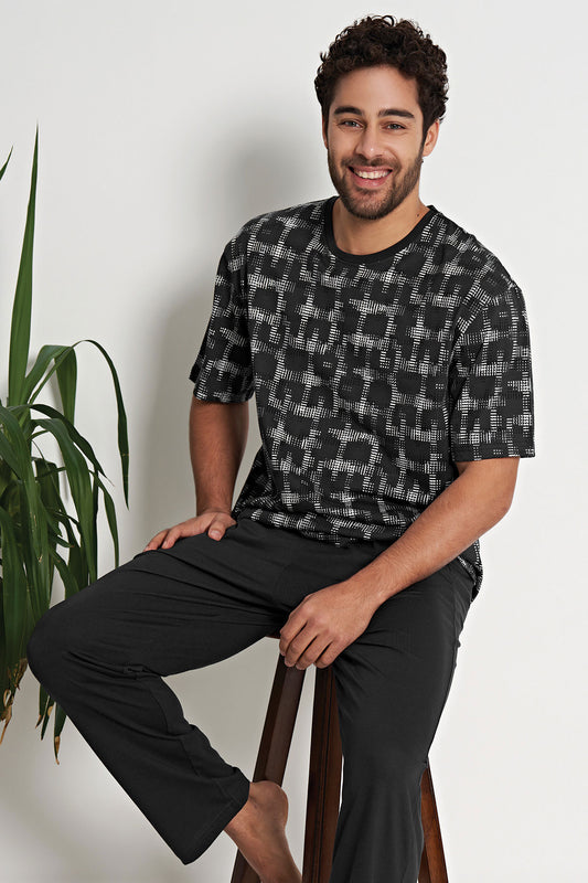 Pınarca erkek pijama takımı kısa kollu geometrik desenli detay – konforlu yaz pijama
