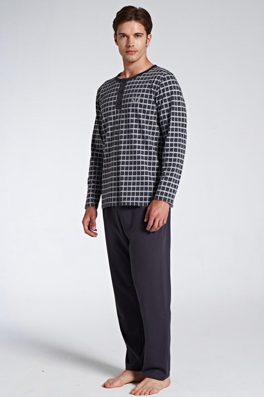 Pınarca erkek pijama takımı uzun kol düğmeli bisiklet yaka kareli detay görünüm – konforlu ev giyim