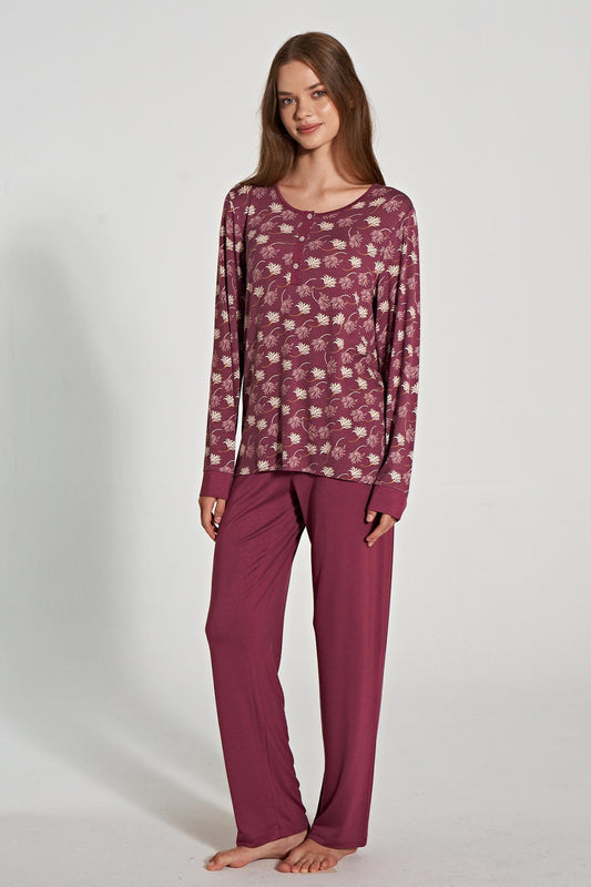 Pınarca uzun kollu kadın pijama takımı bisiklet yaka tam görünüm