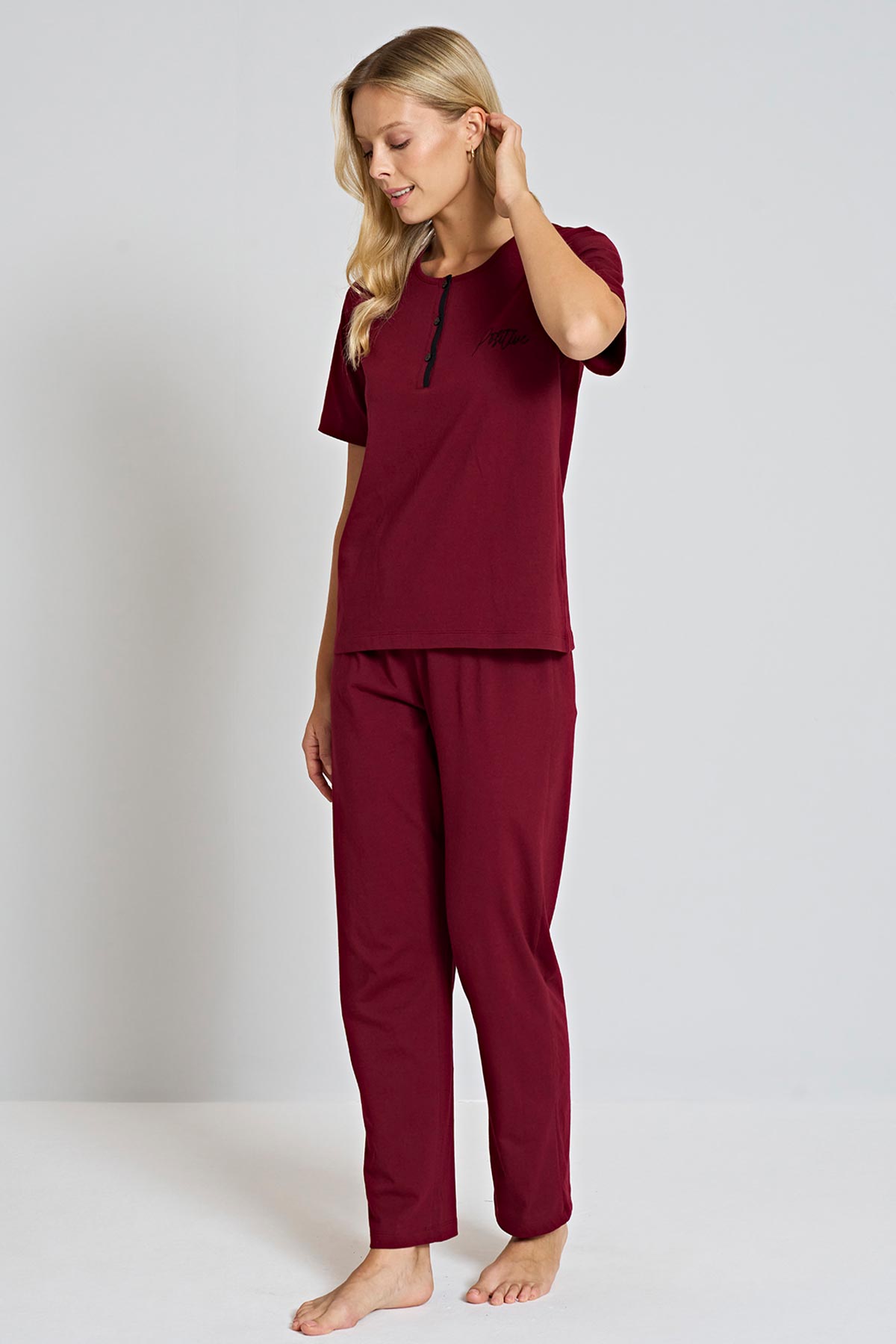 Pınarca kısa kollu kadın pijama takımı 3 düğmeli alternatif renk detay