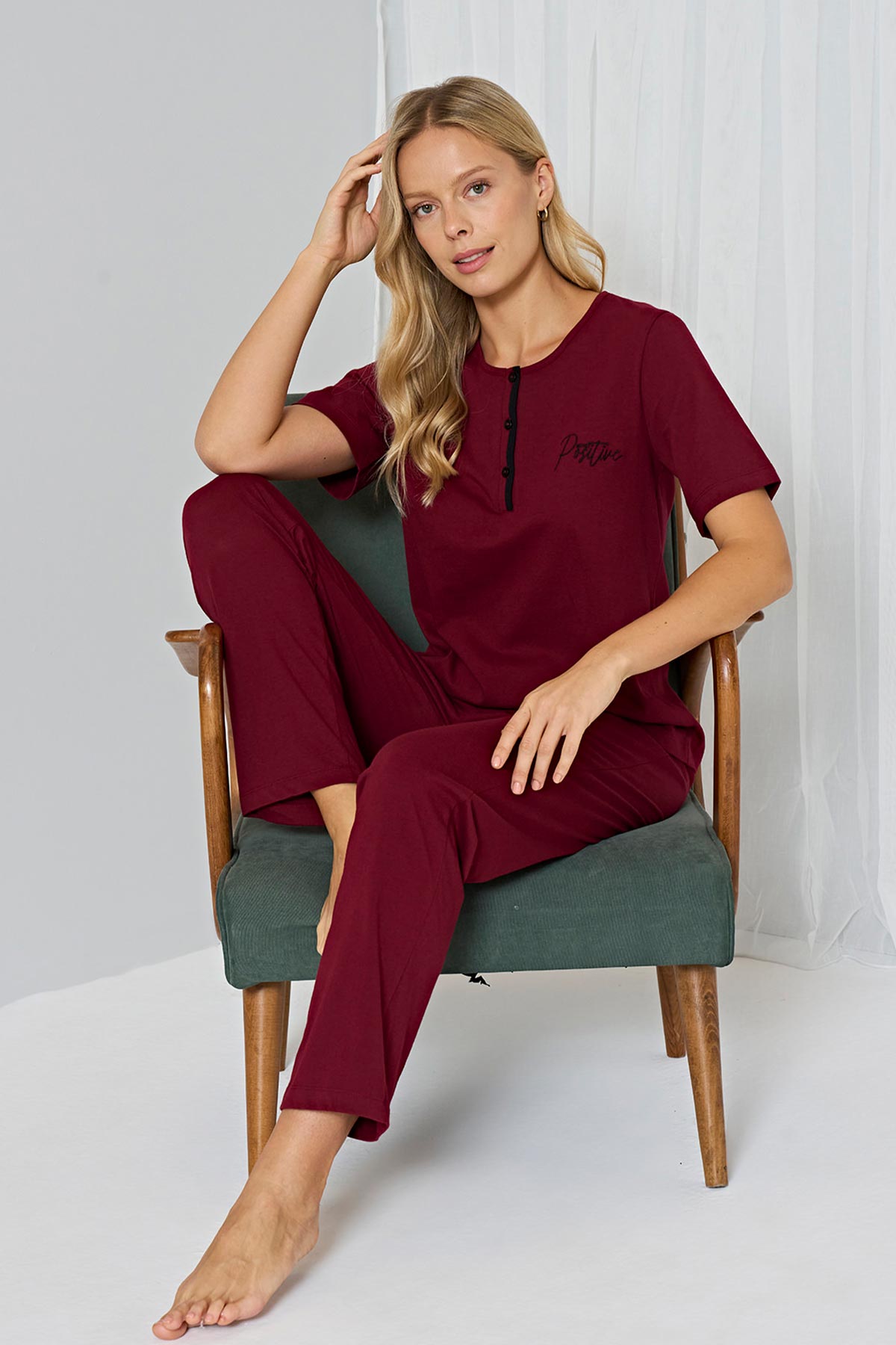 Pınarca 3 düğmeli kısa kollu kadın pijama takımı alternatif renk ön görünüm