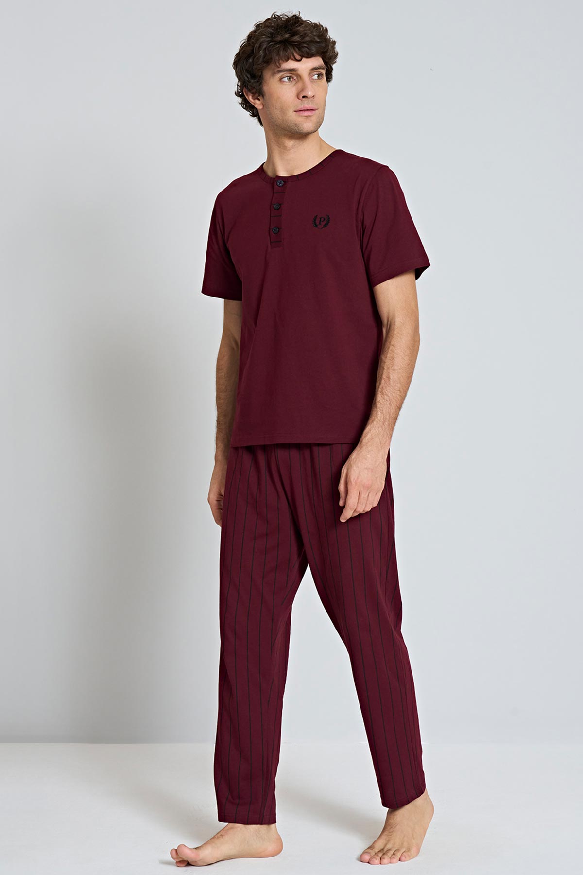 Pınarca büyük beden pijama seti alternatif renk detay – bisiklet yaka konforlu