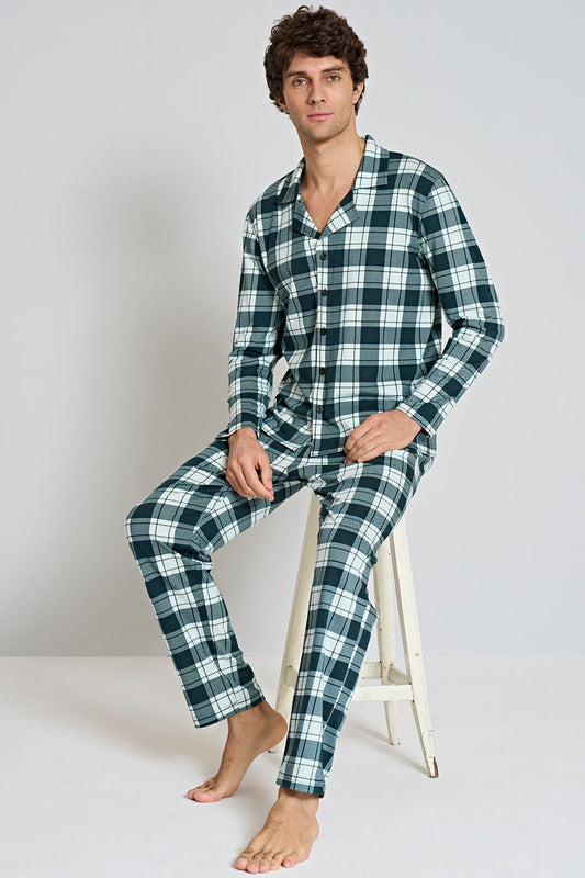 Pınarca erkek pijama takımı uzun kollu gömlek yaka kareli büyük beden ön görünüm