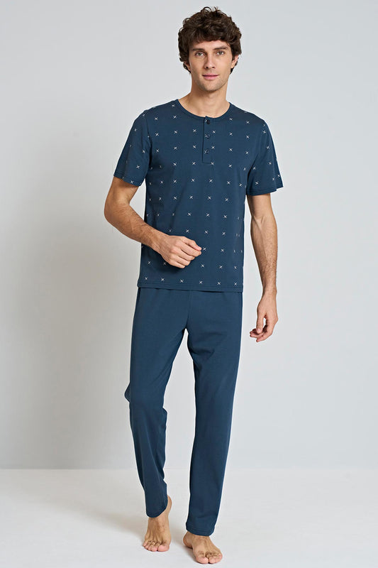 Pınarca erkek pijama takımı kısa kollu bisiklet yaka üç düğmeli – konforlu ev giyim