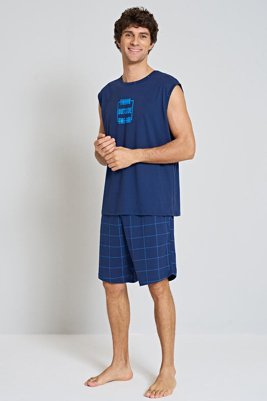 Pınarca sıfır kol şortlu pijama seti yan görünümü – bisiklet yaka rahat kesim