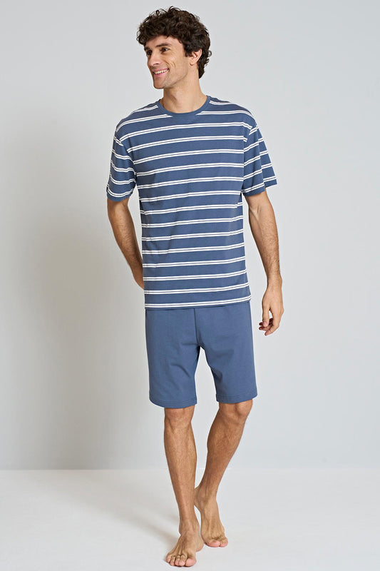 Pınarca erkek şortlu pijama takımı kısa kollu bisiklet yaka çizgili – konforlu yaz pijama