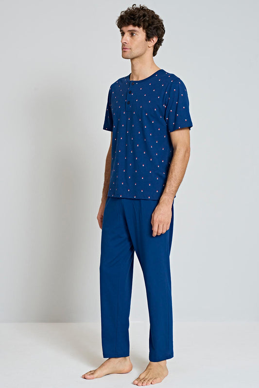 Pınarca erkek pijama takımı kısa kollu bisiklet yaka 3 düğmeli desenli yan görünüm