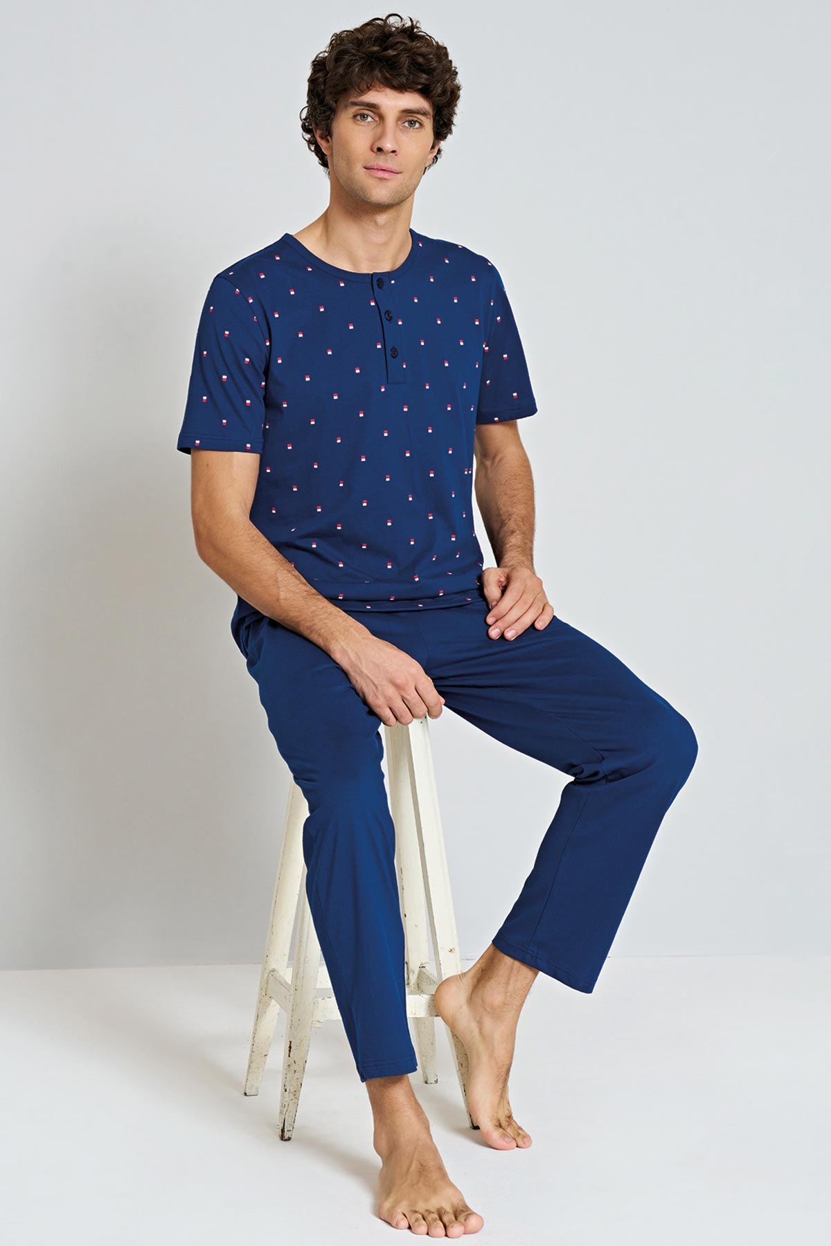 Pınarca bisiklet yaka kısa kollu erkek pijama takımı desenli detay