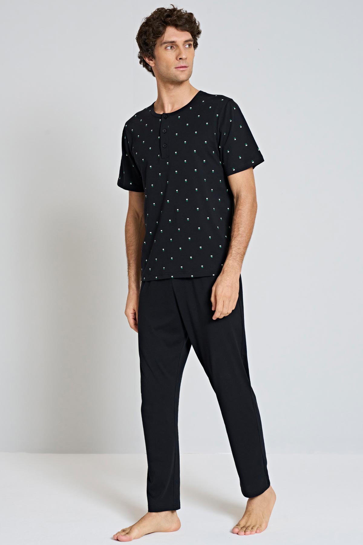 Pınarca desenli bisiklet yaka erkek pijama takımı alternatif renk ön görünüm
