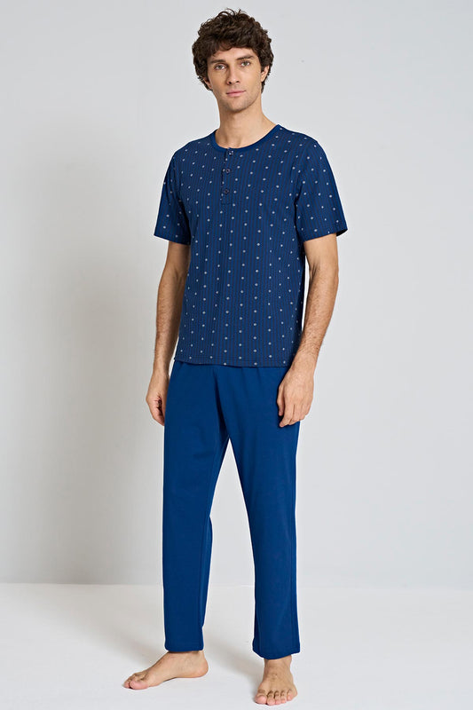 Pınarca erkek pijama takımı kısa kollu bisiklet yaka 3 düğmeli desenli tam görünüm