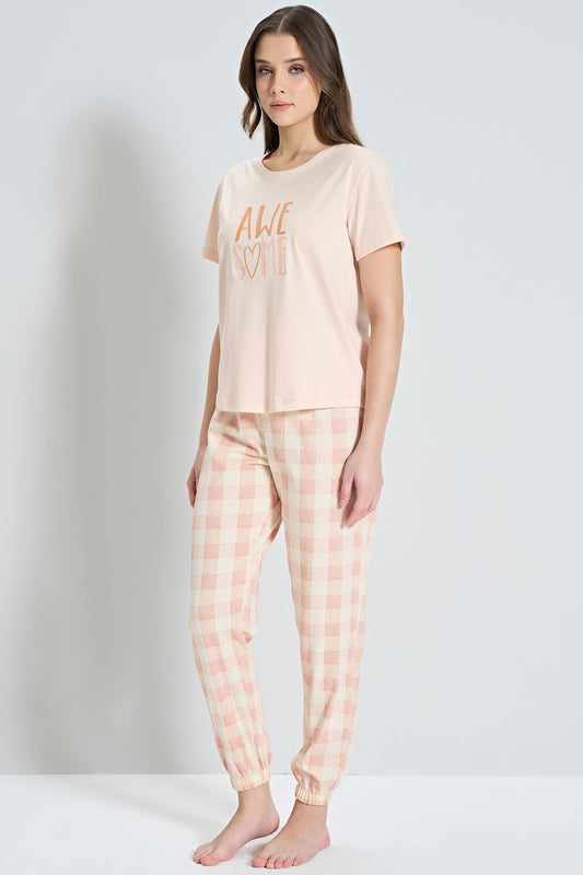 Pınarca Awesome yazılı kadın pijama takımı yan görünüm