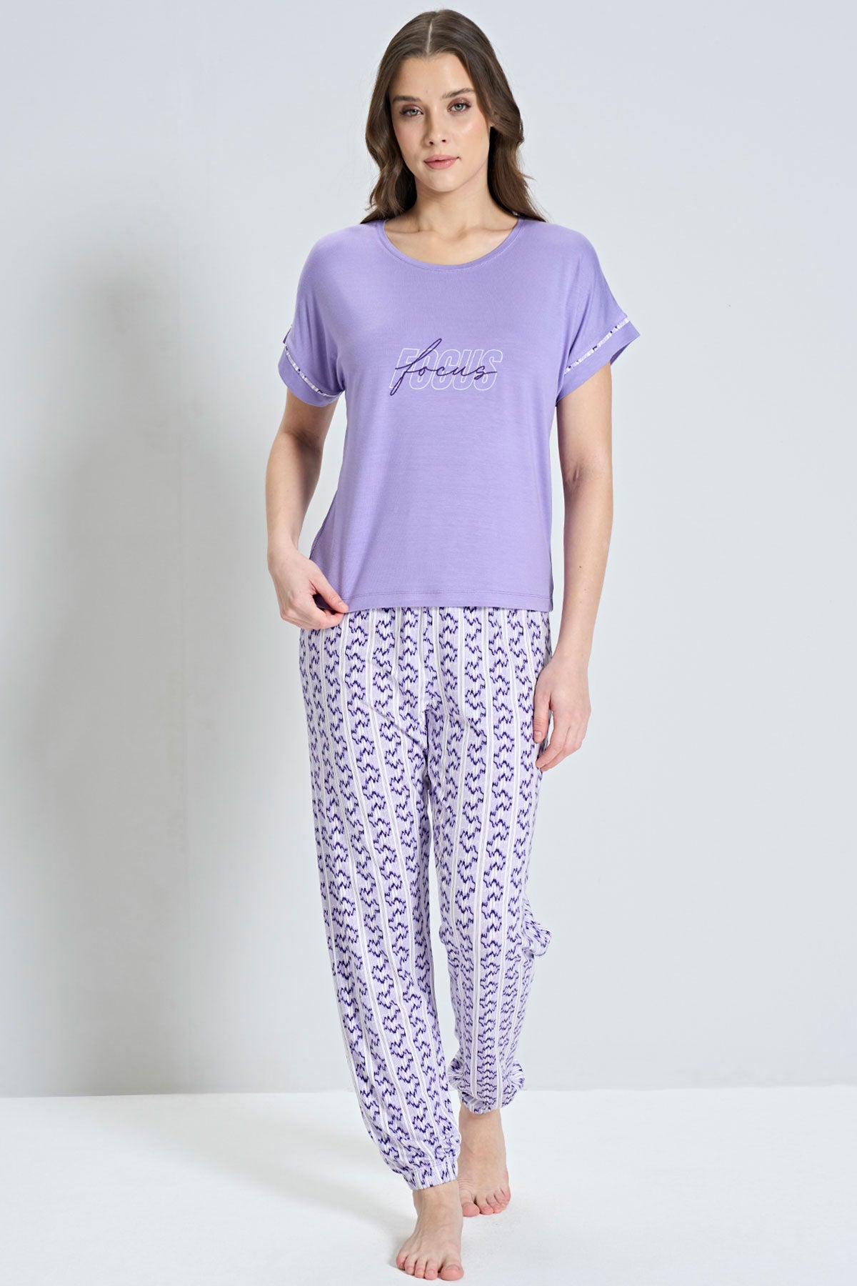 Pınarca kadın pijama takımı kısa kollu paça manşetli tam görünüm