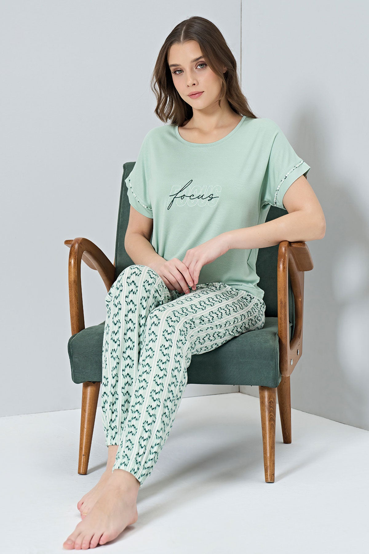 Pınarca kadın pijama takımı kısa kollu paça manşetli alternatif renk ön görünüm