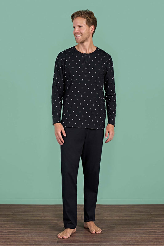 Pınarca desenli pamuklu erkek pijama takımı düğmeli tam görünüm