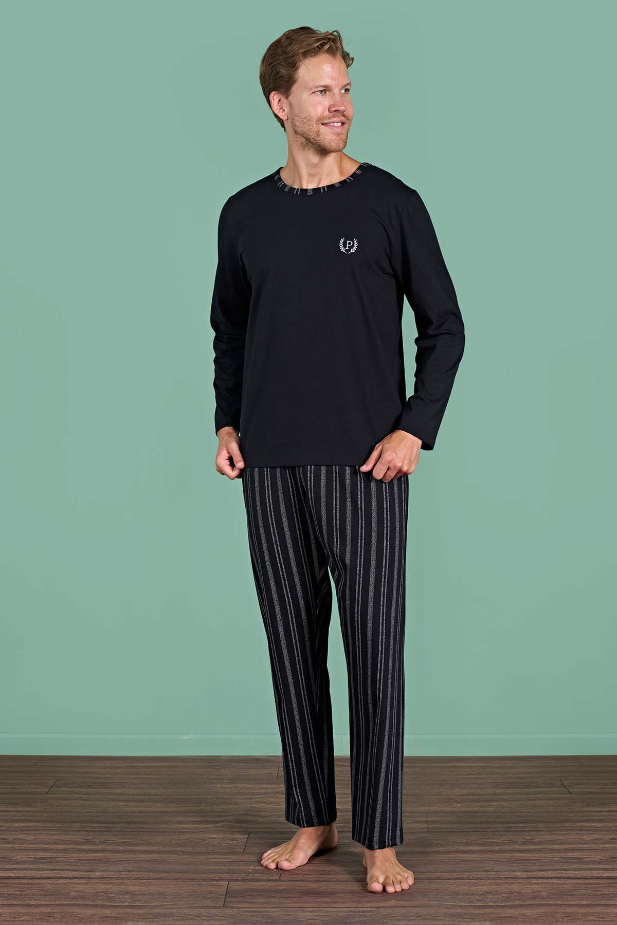 Pınarca uzun kollu pamuklu erkek pijama takımı çizgili detay