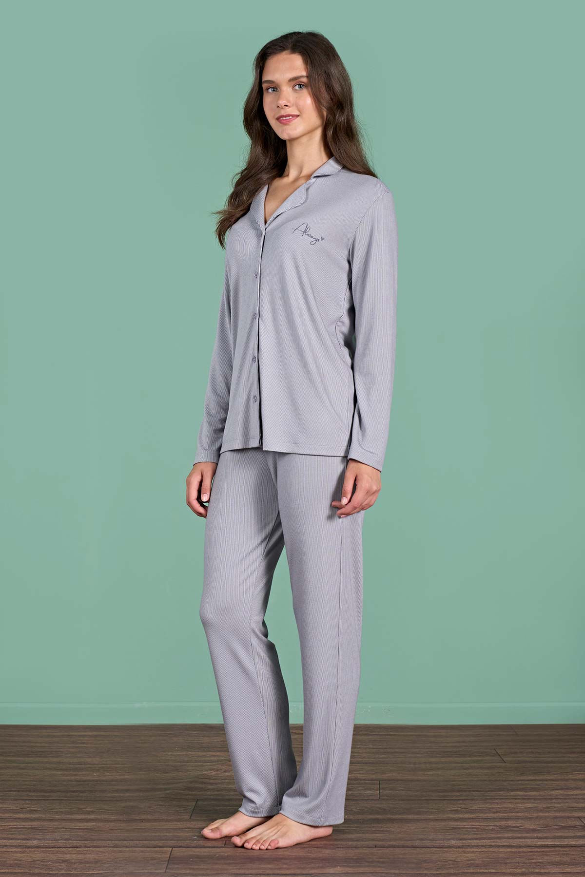 Pınarca kadın pijama takımı gömlek yaka düz Melisa - alternatif renk yan görünüm