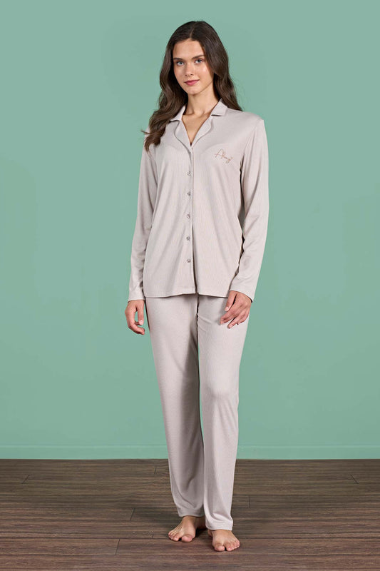 Pınarca kadın pijama takımı uzun kollu gömlek yaka Melisa - tam görünüm