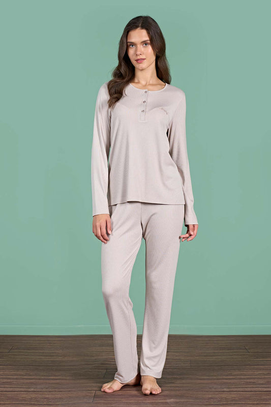 Pınarca kadın pijama takımı uzun kollu düğmeli düz Melisa - tam görünüm