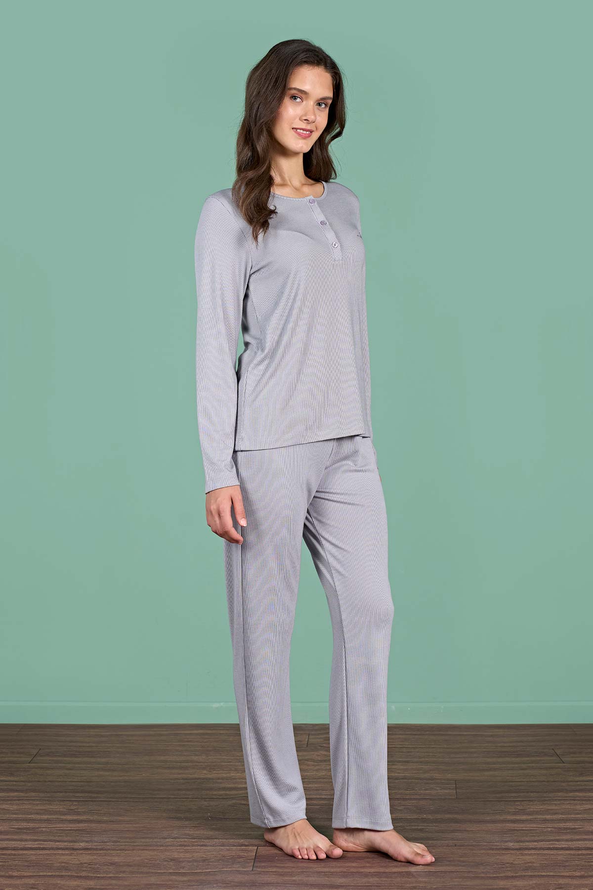 Pınarca kadın pijama takımı düğmeli düz Melisa - alternatif renk yan görünüm