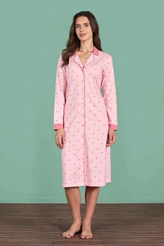 Pınarca kalp desenli pamuklu kadın gecelik gömlek yaka tam görünüm