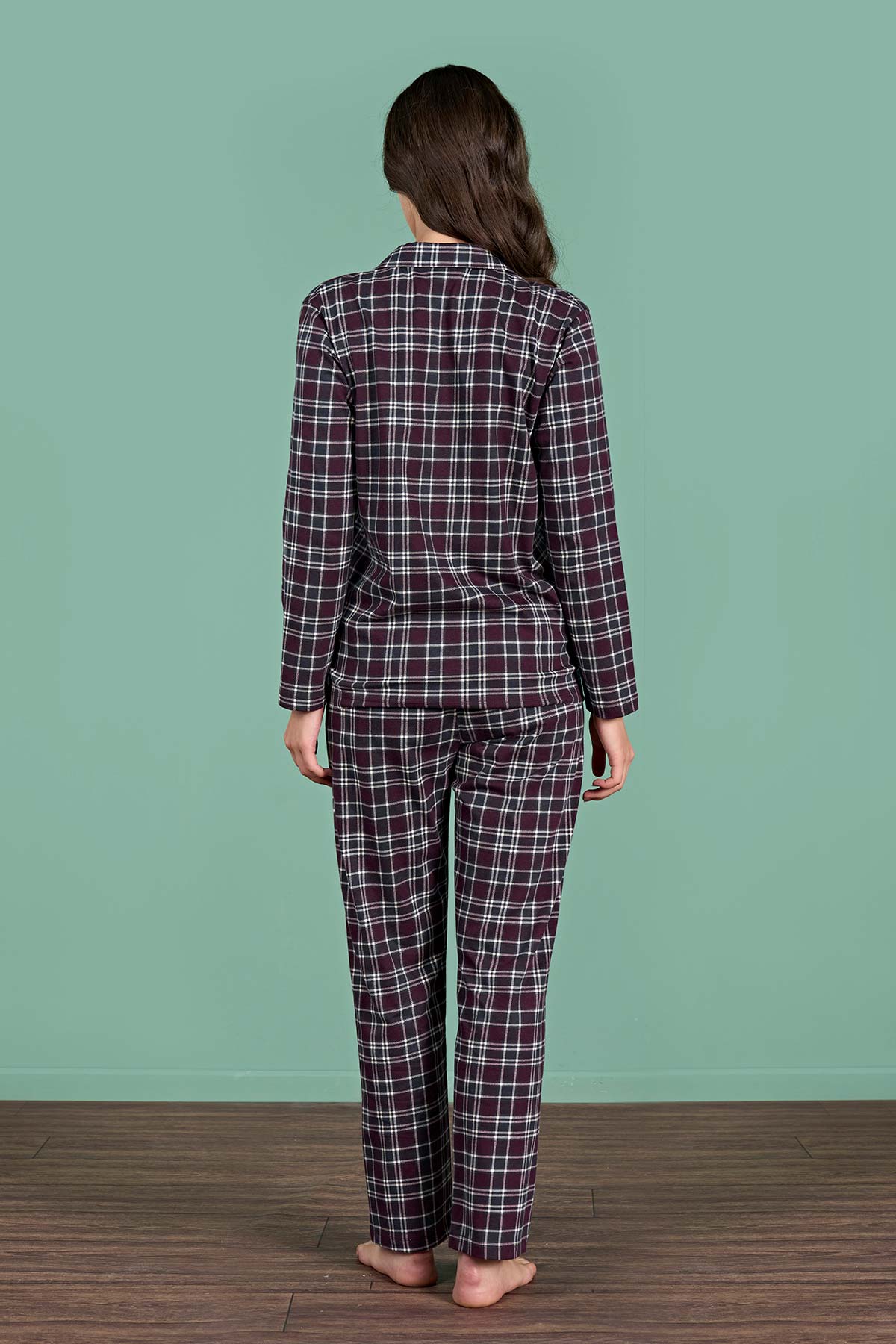 Pınarca kadın pijama takımı uzun kollu gömlek yaka ekoseli pamuklu eşli - alternatif renk arka görünüm