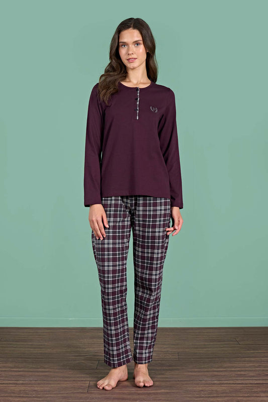 Pınarca kadın pijama takımı uzun kollu düğmeli ekoseli pamuklu eşli - tam görünüm