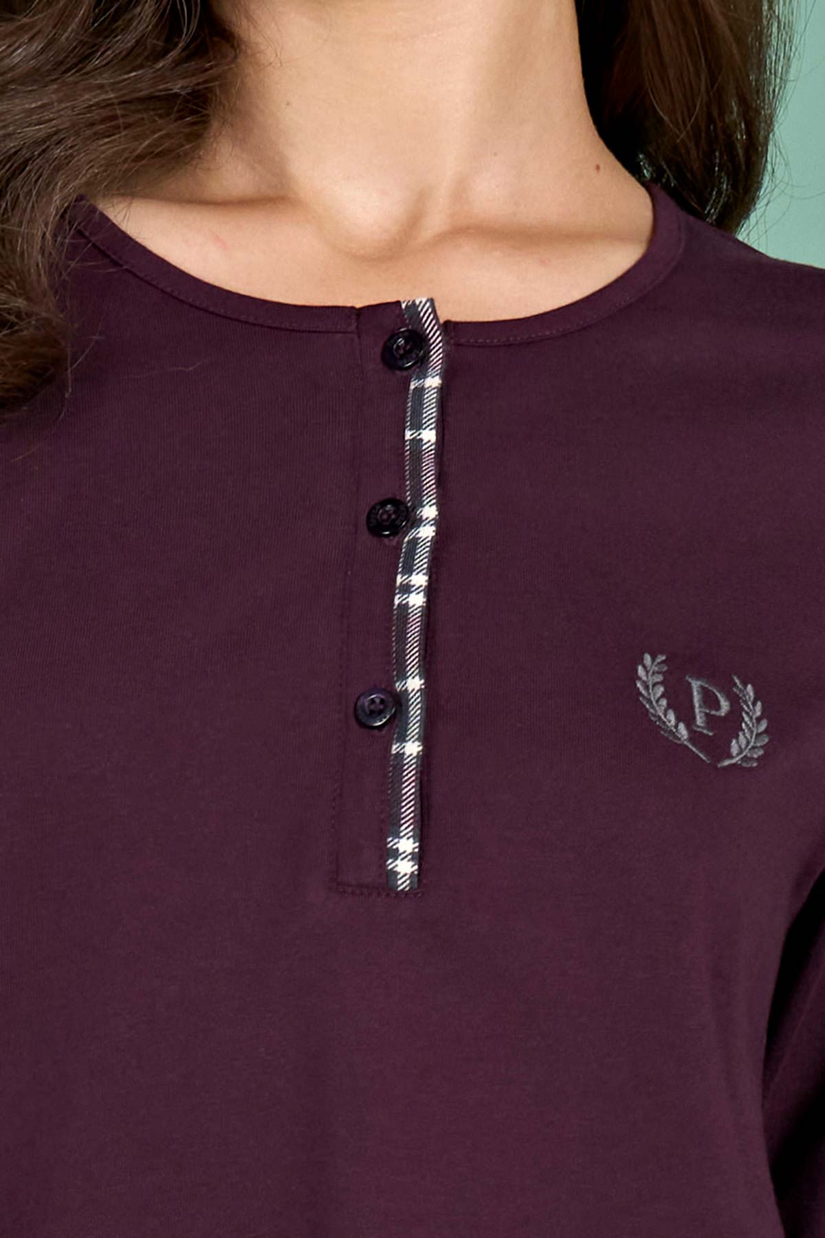 Pınarca kadın pijama takımı düğmeli ekoseli pamuklu eşli - ön görünüm