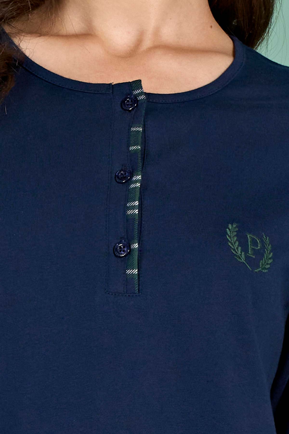 Pınarca kadın pijama takımı düğmeli ekoseli pamuklu eşli - alternatif renk ön görünüm