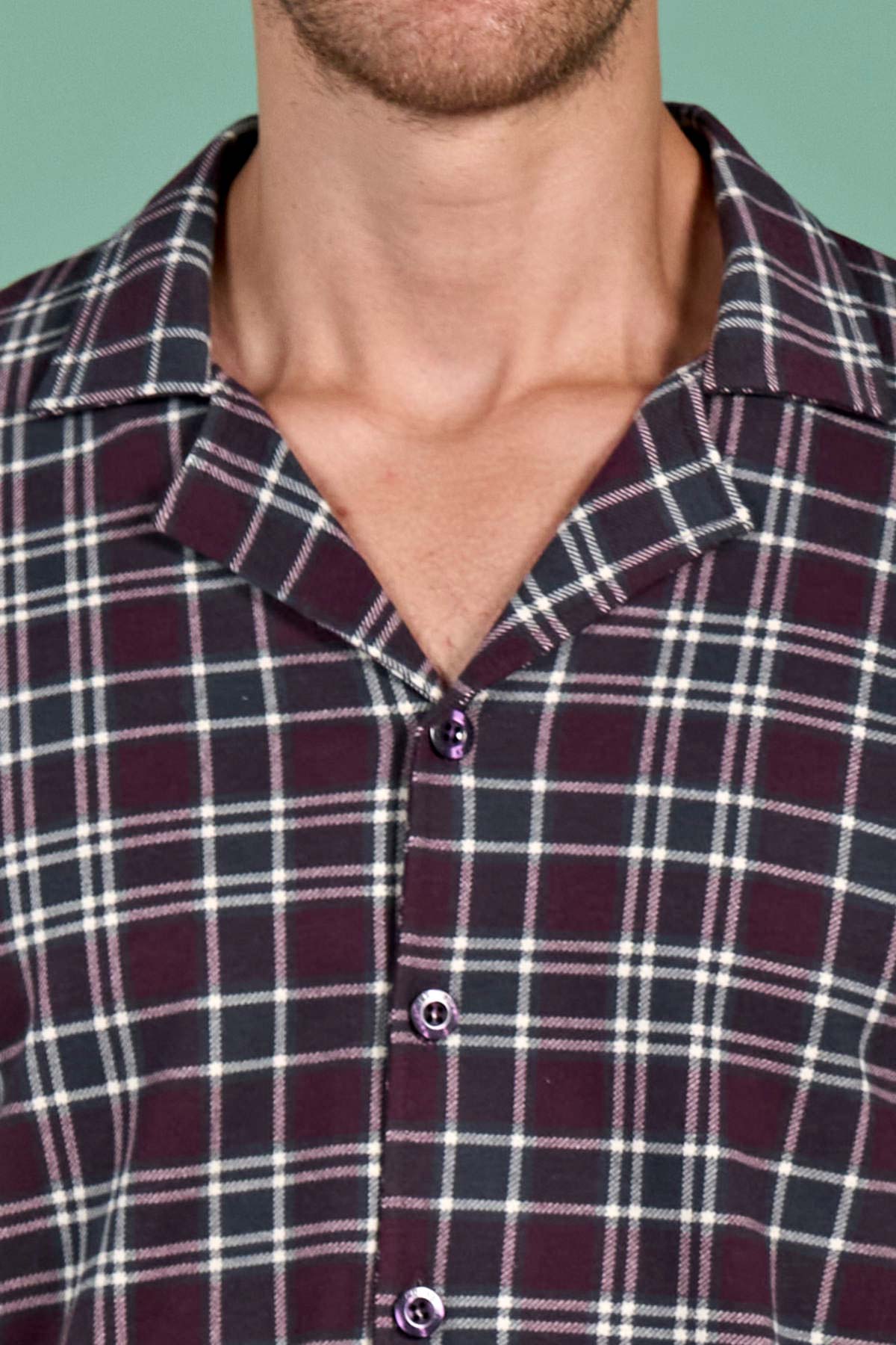 Pınarca erkek pijama takımı gömlek yaka ekoseli pamuklu eşli - alternatif renk kumaş detay