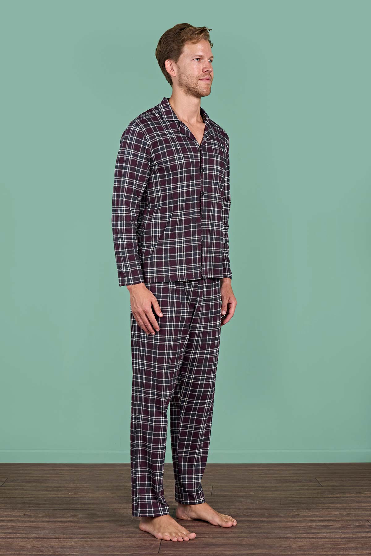 Pınarca erkek pijama takımı uzun kollu ekoseli pamuklu eşli - alternatif renk yan görünüm