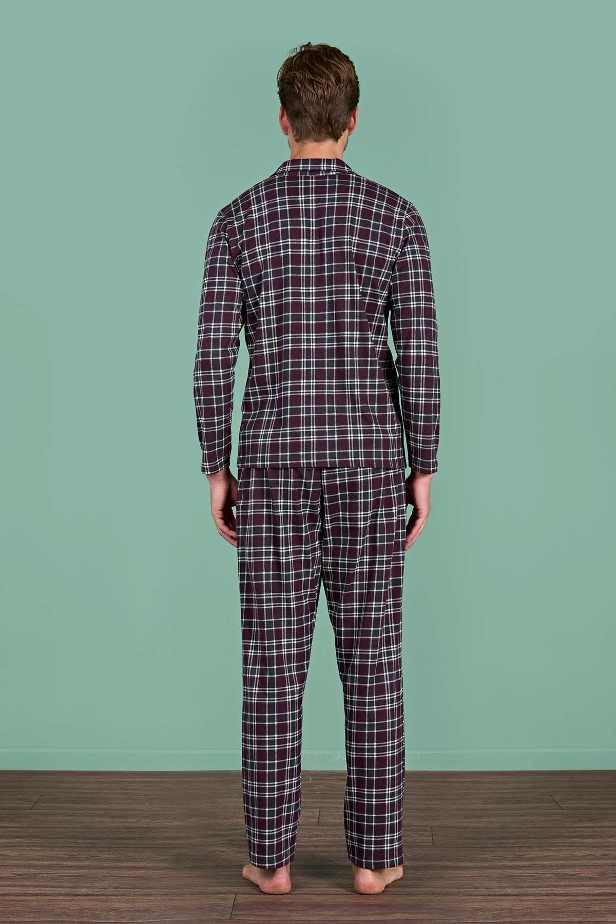 Pınarca erkek pijama takımı uzun kollu gömlek yaka ekoseli pamuklu eşli - alternatif renk arka görünüm