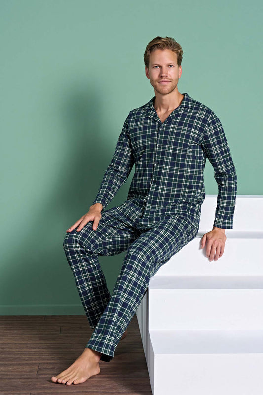 Pınarca erkek pijama takımı uzun kollu gömlek yaka ekoseli pamuklu eşli - ön görünüm