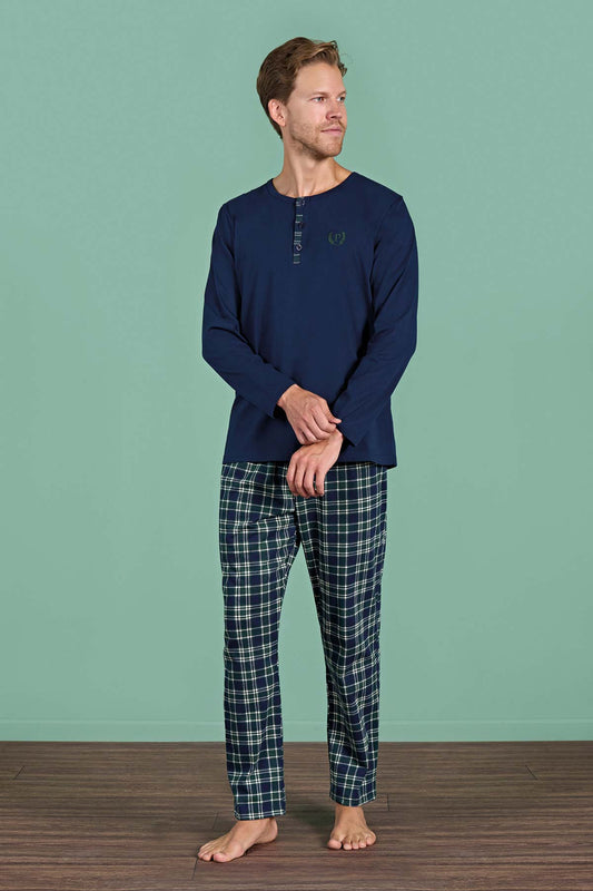 Pınarca pamuklu ekoseli erkek pijama takımı eşli detay görünümü
