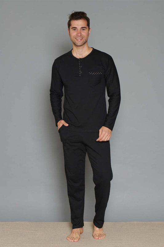 Pınarca erkek pijama takımı uzun kollu düğmeli cep nokta desenli pamuklu siyah renk – konforlu ev giyim