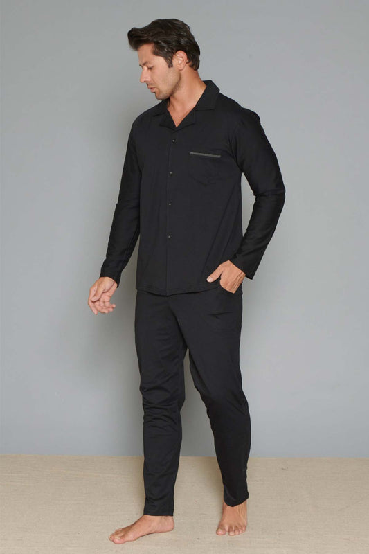 Pınarca çizgili cepli pamuklu erkek pijama takımı gömlek yaka detay görünümü