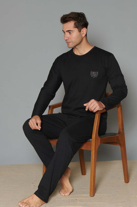 Pınarca büyük beden pamuklu erkek pijama seti siyah renk detay – uzun kollu rahat kesim